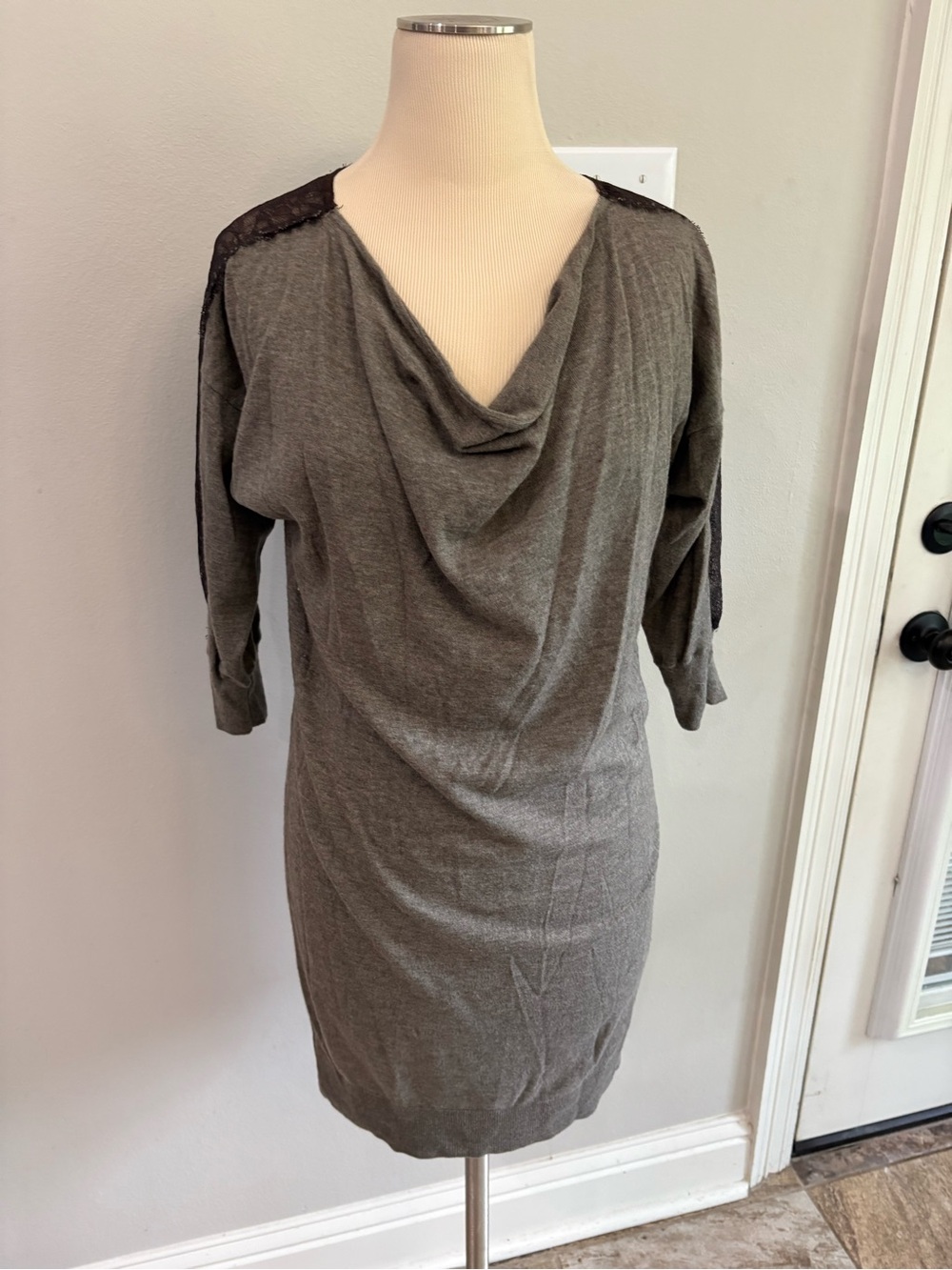Loft brown long sleeve with lace detail cowl neck sweater dress Small GUC